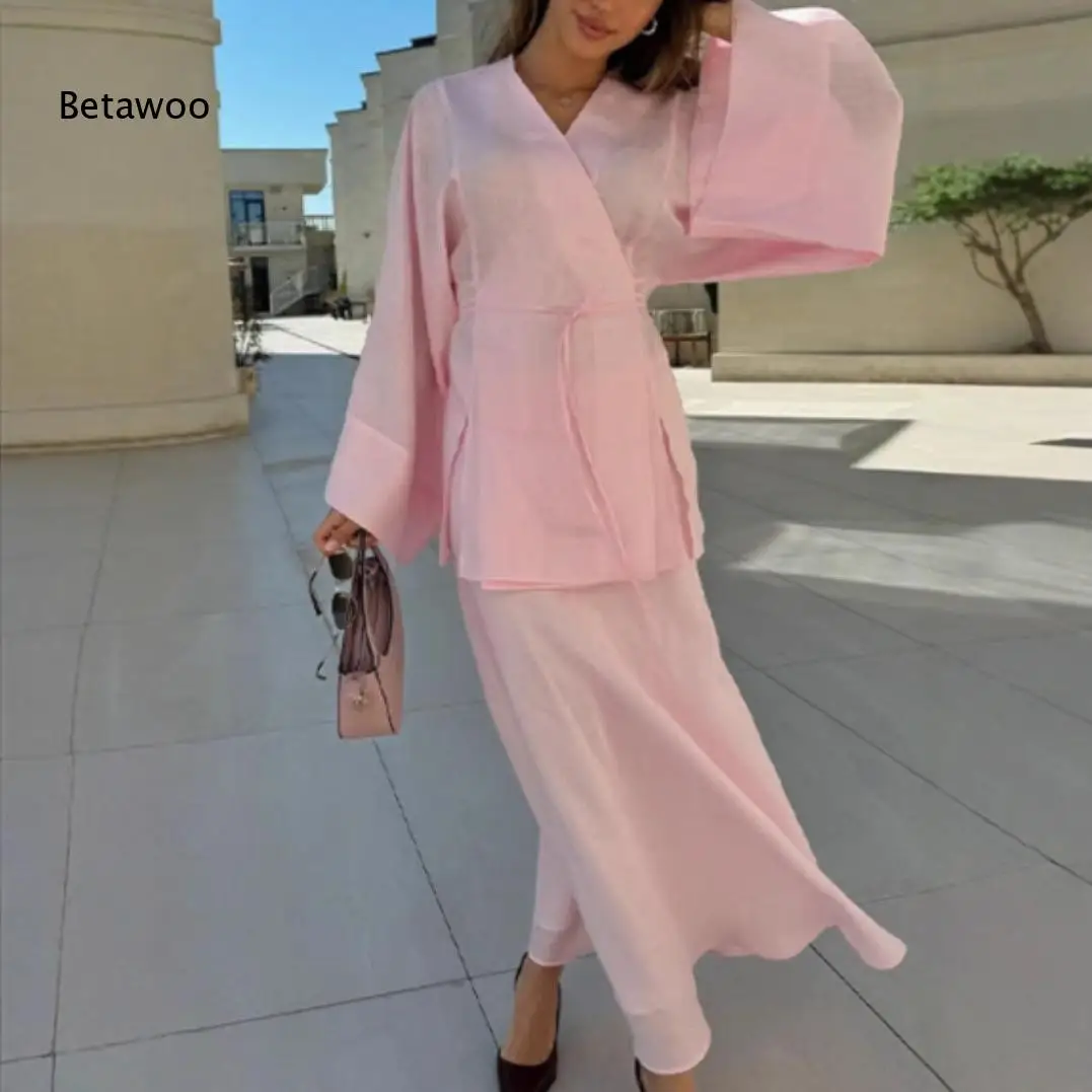 Women Multi Color Satin Wrap Two Piece Set Long Sleeve V Neck Tie Waist Top Mermaid Maxi Skirt Elegant Outfit view 2