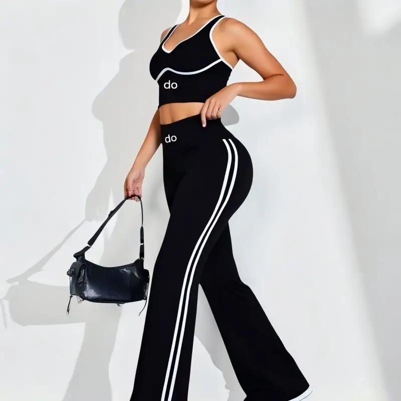 Fixed Cup 3D Sports Underwear Tank Top - Medium to Long Micro Pull Slimming Hip Lifting Side Striped Yoga Pants Set