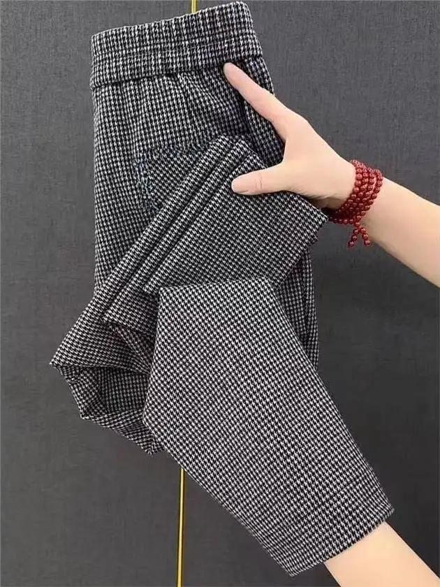 

Новые весенние повседневные брюки в клетку с высокой талией для женщин, универсальные, с узором в виде птиц, укороченные, прямые, стройнящие