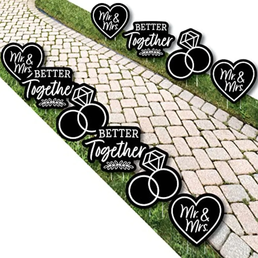 

Mr. and Mrs. - Heart and Rings Lawn Decorations - Outdoor Black and White Wedding or Bridal Shower Yard Decorations - 10 Piece