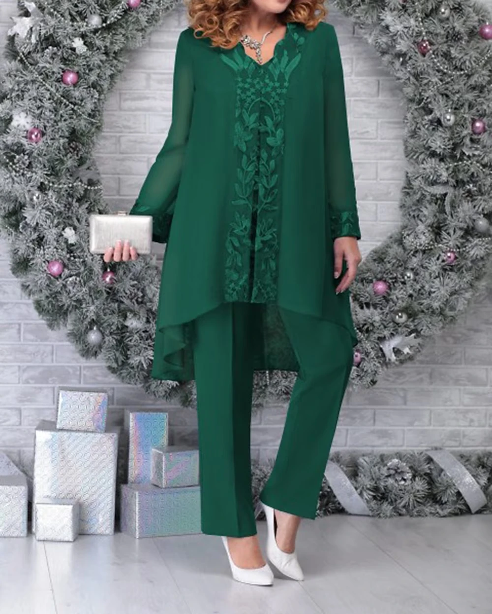 CloverBridal-vestido de encaje liso para madre de novio, ropa de calle informal, Color verde cazador, camisa diaria, conjuntos de pantalones, WM9973