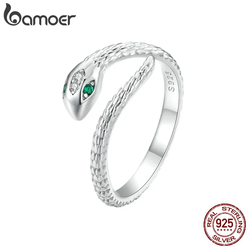 Bamoer 925 Sterling Silver Vintage Snake Rings for Women Hipster Hip-Hop Ring Personality All-match S925 Jewelry Gift