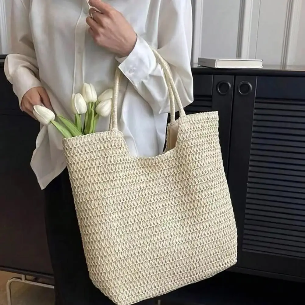 Foldable Beach Tote Bag Women Handbag Bohemian Style Crochet Braided Women's Handbag with Large Capacity for Commuting