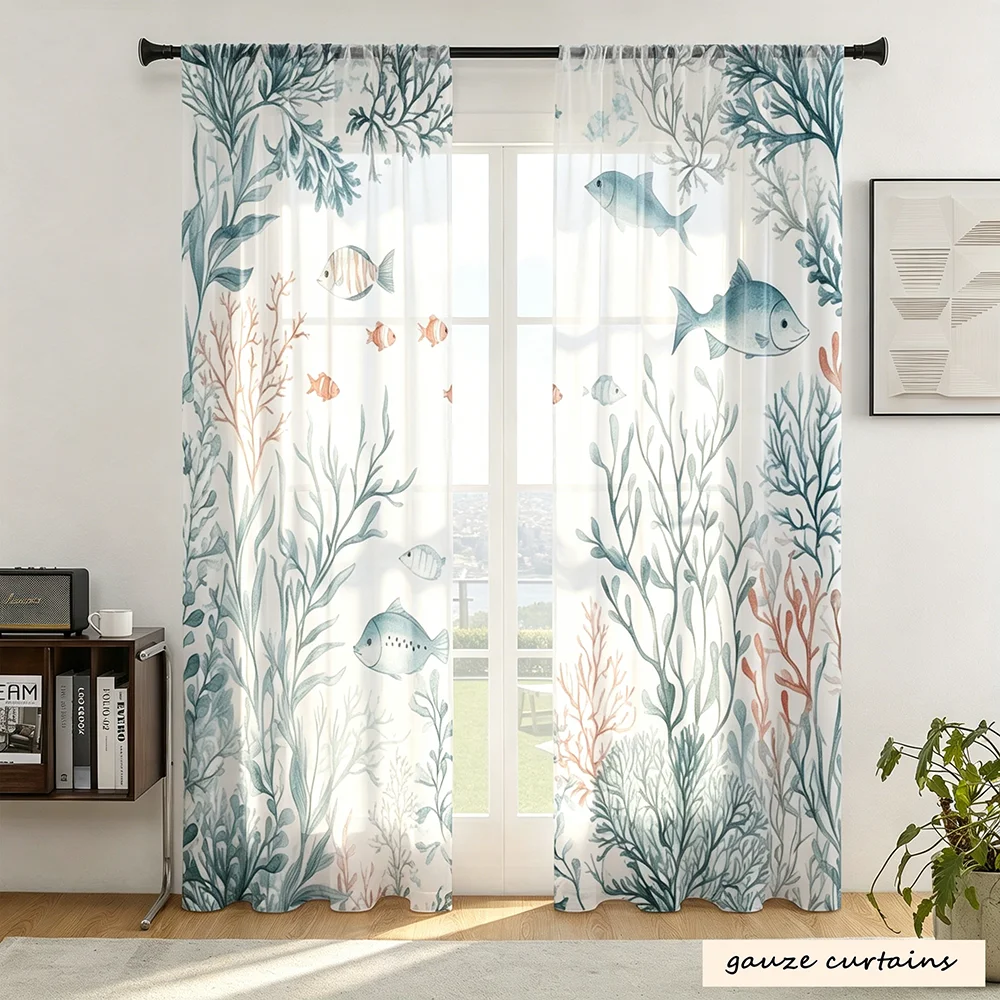 2PCS Coral Fish 2D Print Semi-Transparent Thin Curtains Fresh Ocean Style Soft Decorative Polyester Window Sheers for Living Roo