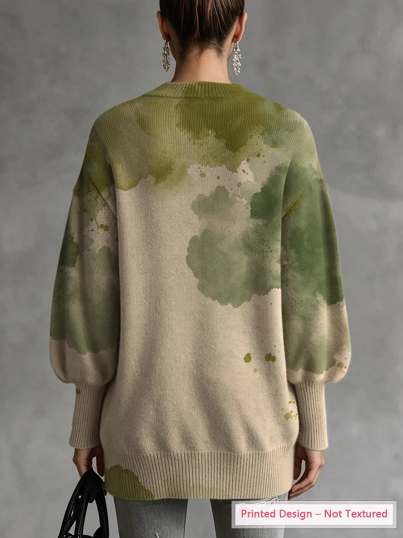 Women's Autumn and Winter Tops, Irregular Hem, Green Retro Tie-Dye Print, Lantern Sleeves, Thin Pullover Sweater
