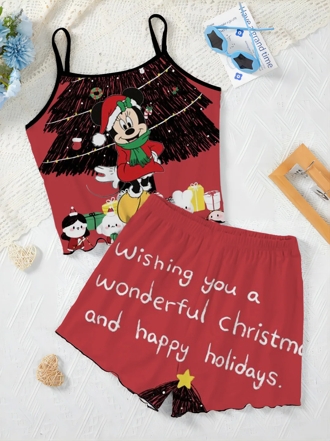 Elegant Women's Sets Slip Dress Disney Mickey Top Pajama Skirt Lettuce Trim Christmas Minnie Mouse T-shirt Pieces Short Suit Top