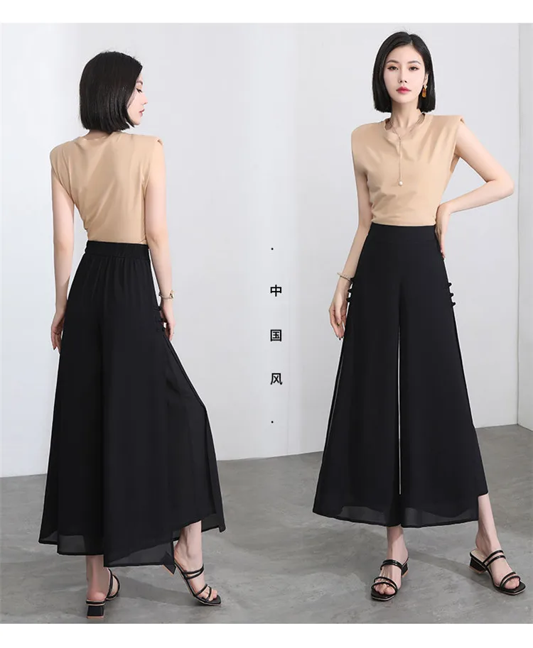 Women Side Slit Chiffon Pants Summer Thin Elastic Waist Wide Leg Pants Chic Droop Trousers Chinese Style Nine Point Pants