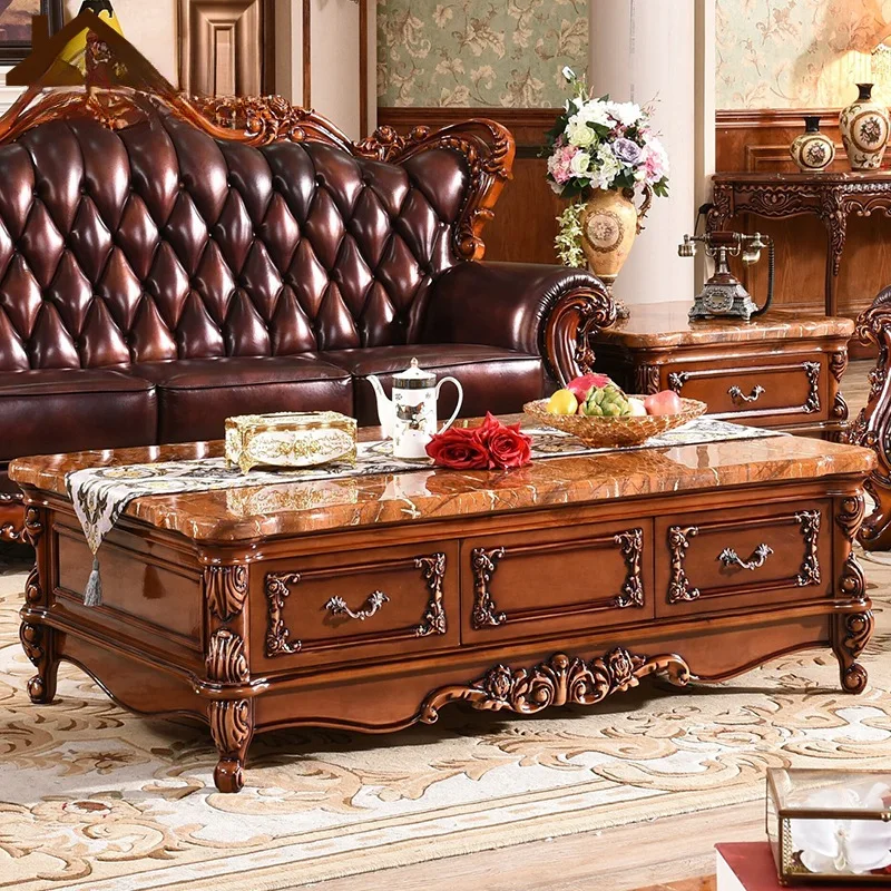 

Marble European coffee table, dark French solid wood carving flower old coffee table TV cabinet combination set new