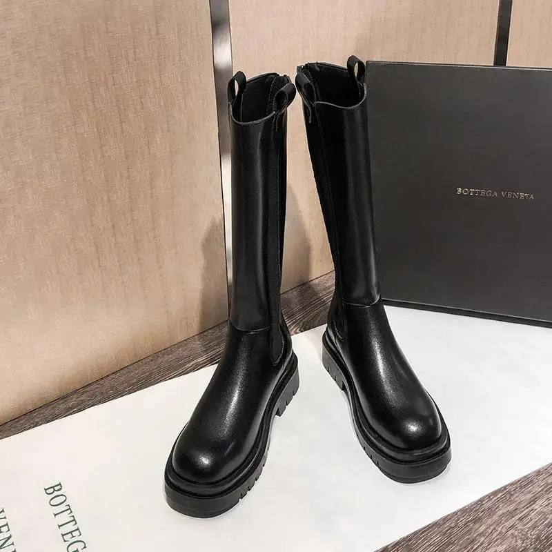 Winter Knee High Shaft Biker Ladies Boots Black Middle Heel Footwear Shoes for Women Round Toe Waterproof Demi-season Trend Hot