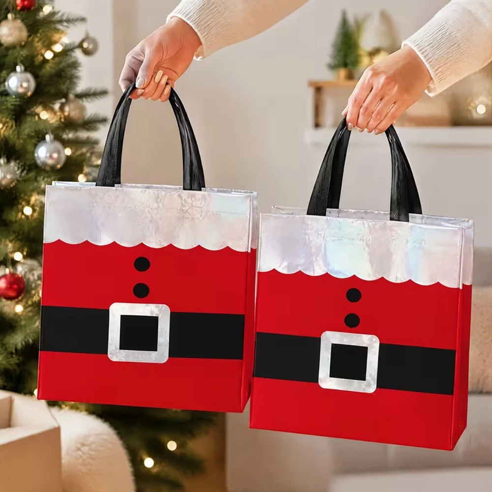 10-Piece Christmas Gift Bag Set, Laser-Cut Handle with Santa Claus Design, Durable and Reusable, Suitable for Gift Packaging, Holiday Party Favors, and Shopping, Holiday Tote Bags, Party Supplies