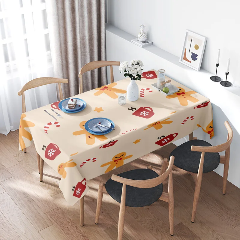 Modern Christmas-themed tablecloth with cute gingerbread man pattern suitable for dining room decor beige color available in var