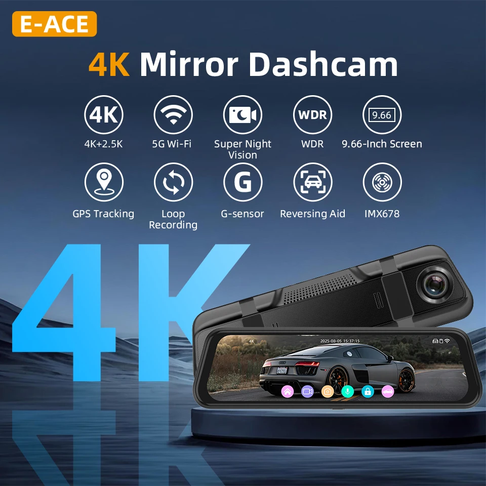 E-ACE 4K Dashcam 9.66 Mirror Dash Cam Touch Screen Car Camera Support 2.5K Rear Camera WIFI GPS 24H Parking Mode Video Recorder