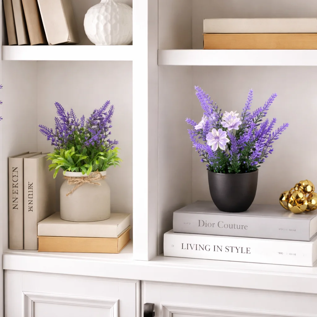 2 Stück Künstliche Lavendelpflanzen im Topf, Mini Plastik-Gänseblümchen, Künstliche Blumen-Bonsai für Innenräume, Schreibtisch, Schlafzimmer, Regal, Büro, Heimdekoration – Detail 2