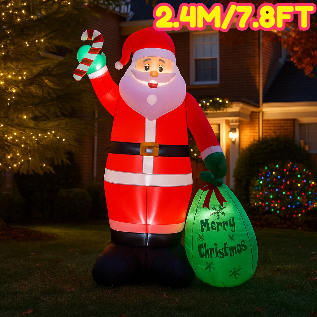 2.4M/7.8FT Christmas Decorations Inflatable Toy Santa Claus Holding Candy Cane Home Yard Xmas Ornaments LED Christmas Party Toy