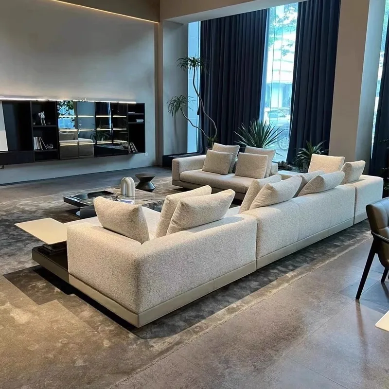 Italian minimalist sofa, large flat-layer living room cotton and linen fabric furniture, simple princess corner combination