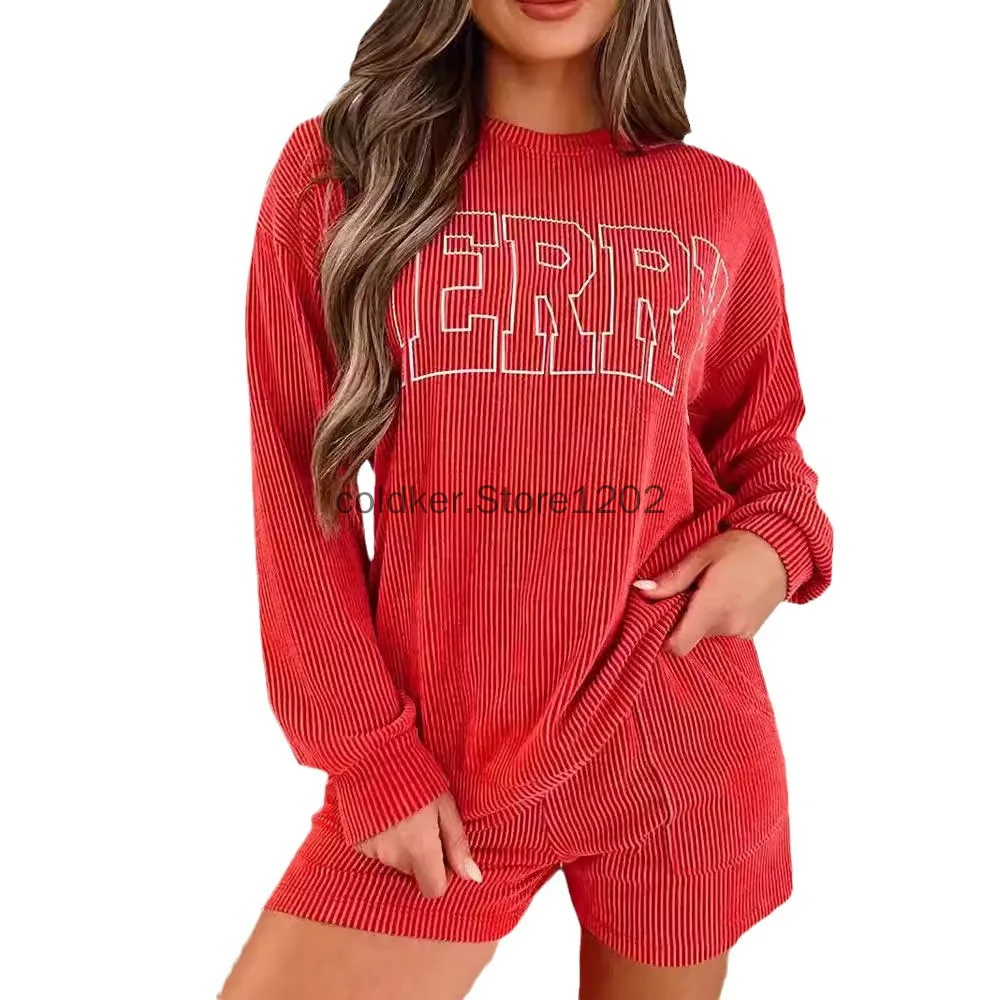 Christmas Pajamas for Women Merry Graphic Long Sleeve Top and Shorts Matching Lounge Set Loungewear Sweatsuit with Pockets