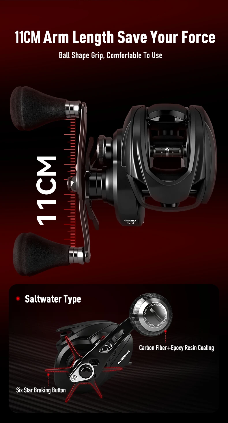 Kingdom Macro Monster Baitcasting-Angelrolle Aluminiumrahmen 6.6:1 Max. Bremskraft 13KG 7+1BB Zwei Griffe zur Auswahl für Süß-/Salzwasserangeln – Detail 9
