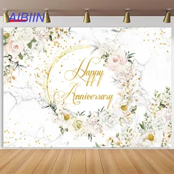 Happy Anniversary Photography Backdrop White Rose Flowers Gold Dots Wedding Background Party Decor Lovers Portrait Photozone