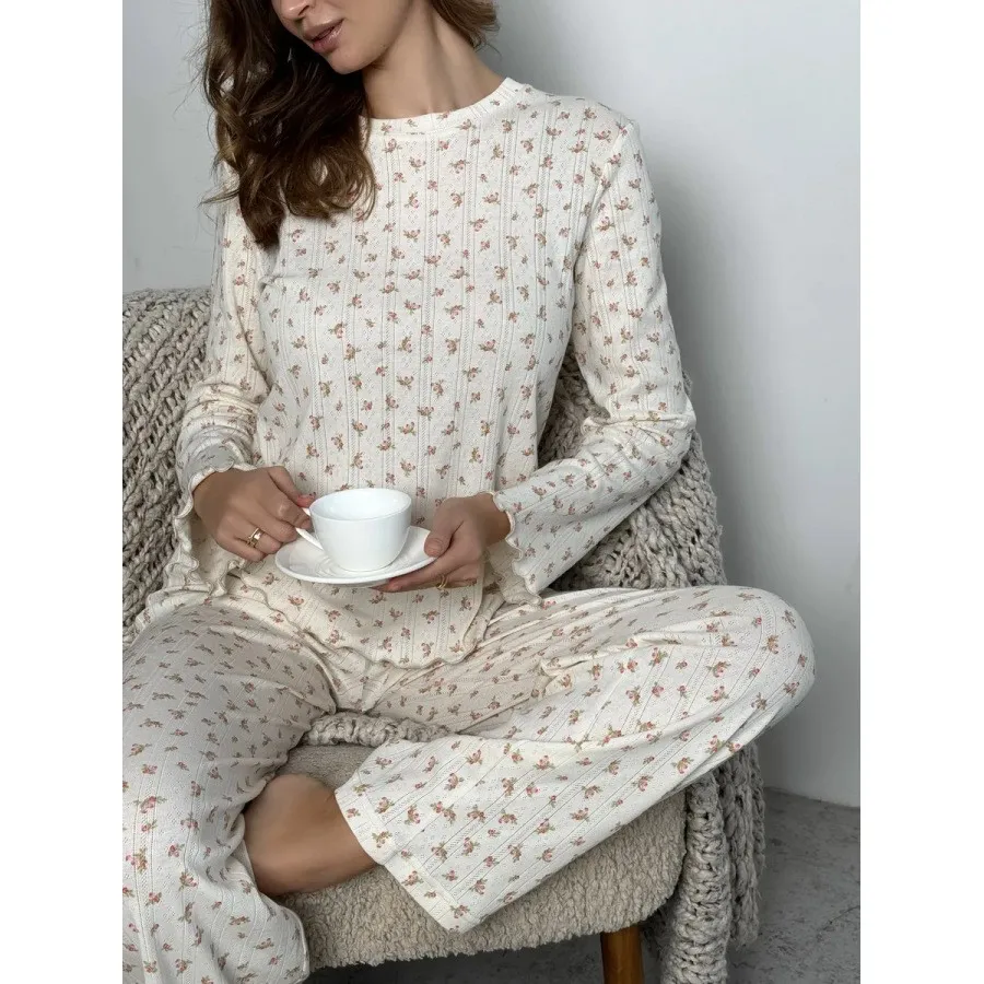 Summer Women Pajama Set Floral Print Round Neck Top Wide Leg Pants Two Piece Cream Base Pastel Floral Relaxed Fit Home Wear