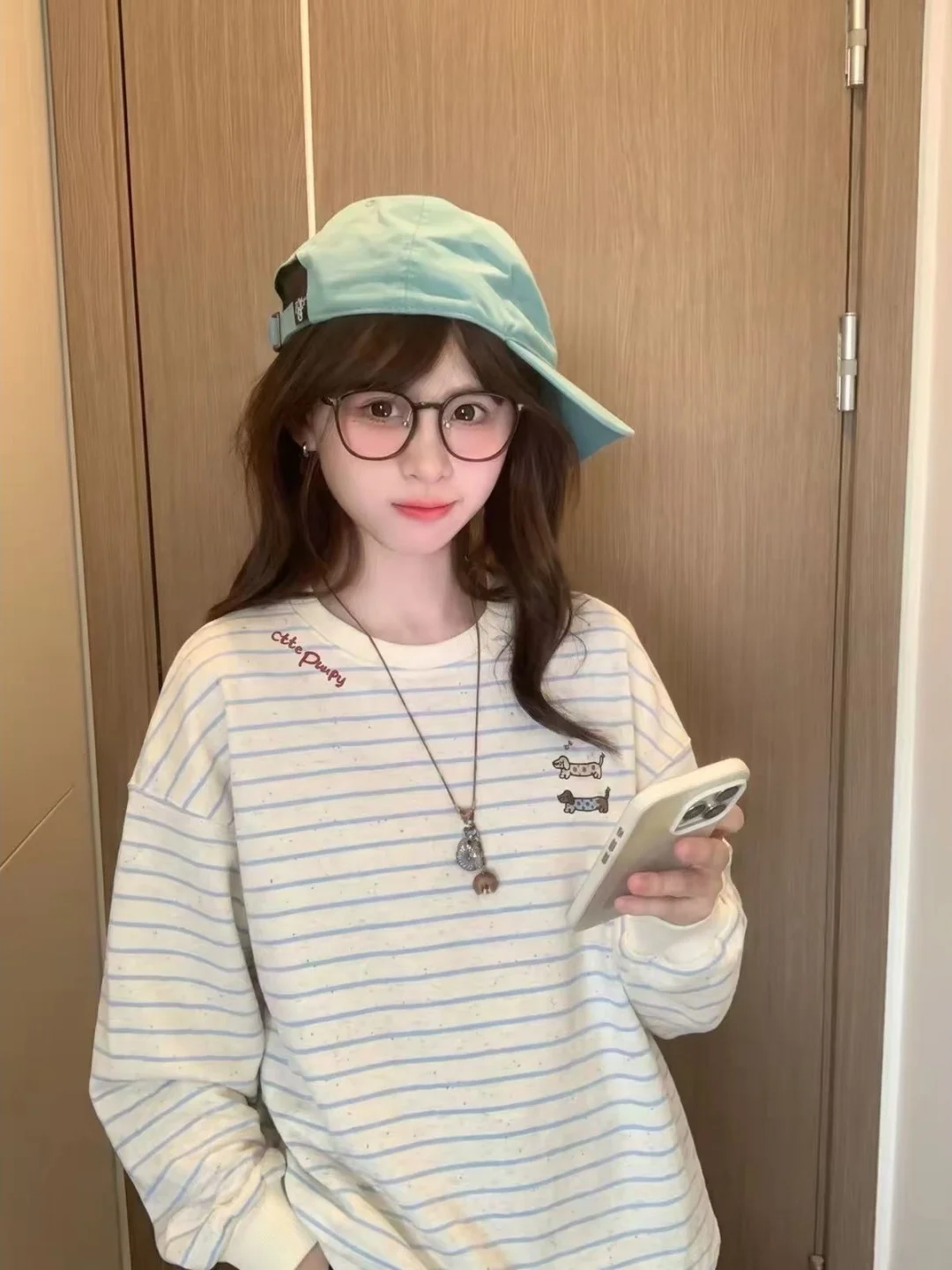 Korean Style Embroidered Striped Sweatshirt Women's Loose Fit Thickened Fleece round Neck Long Sleeve Casual Top