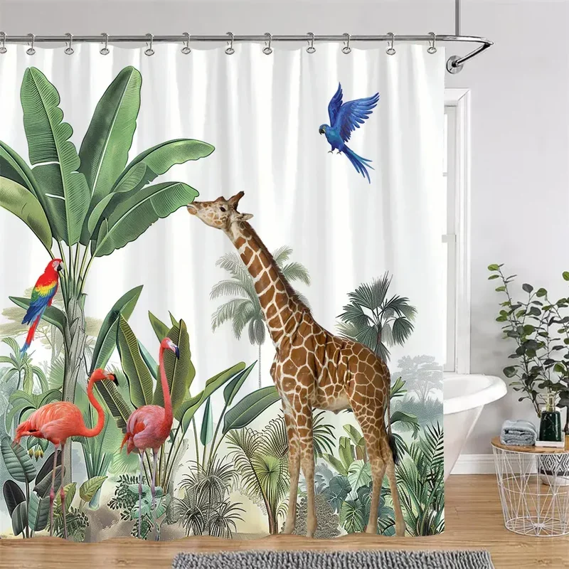 Tropical Botanical Jungle Animal Shower Curtain Coconut Flamingo Giraffe Bluebird Polyester Fabric Shower Curtain Bathroom De@0