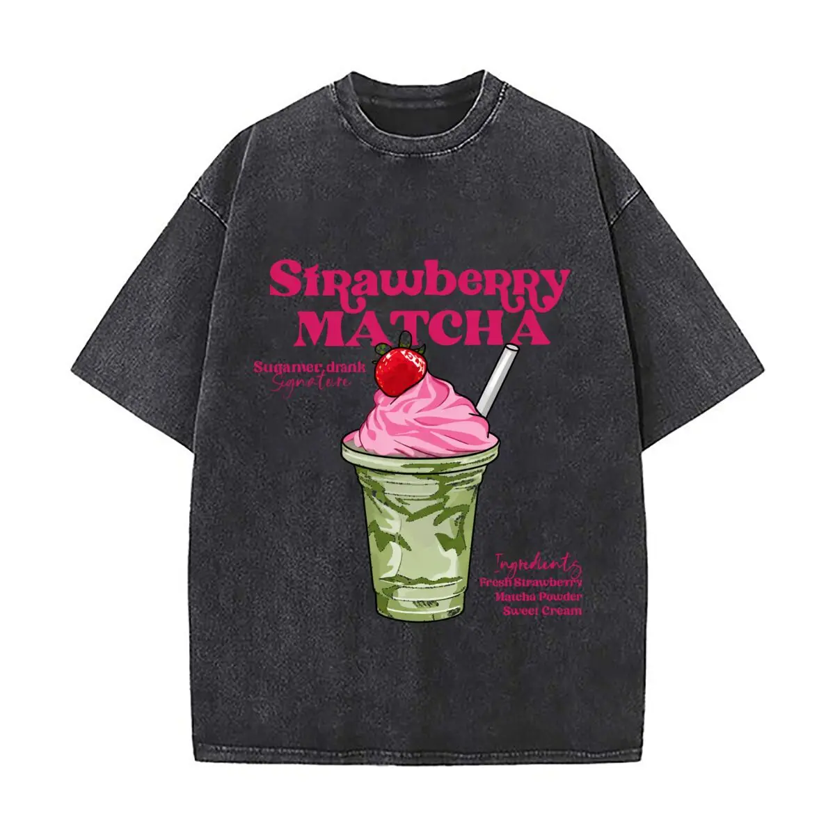 Strawberry Matcha Ingredients Fresh Strawberry Matcha Powder Sweet Cream Washed Vintage Short Sleeve Loose Streetwear Tee