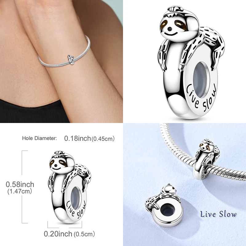 Classic 925 Sterling Silver Charm Sloth Silicone Rubber Stopper Bead Cute Animals Fit Bracelet Making Fine Jewelry For Woman