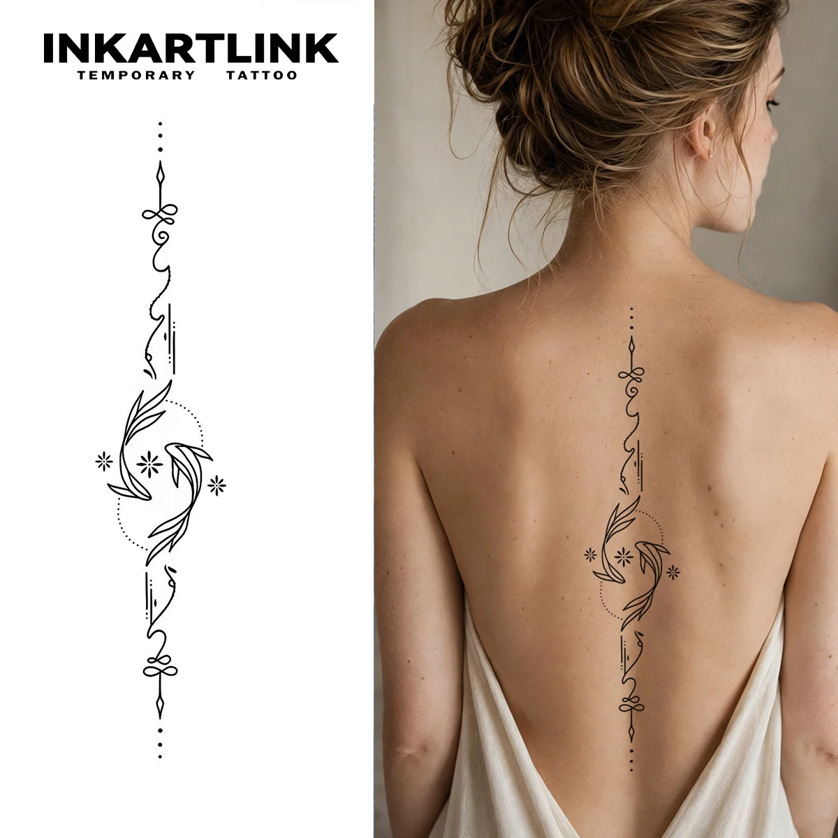 INKARTLINK 1PC New Minimalist Twin Fish Pattern Temporary Tattoo Sticker for Women – Waterproof – Suitable for Back