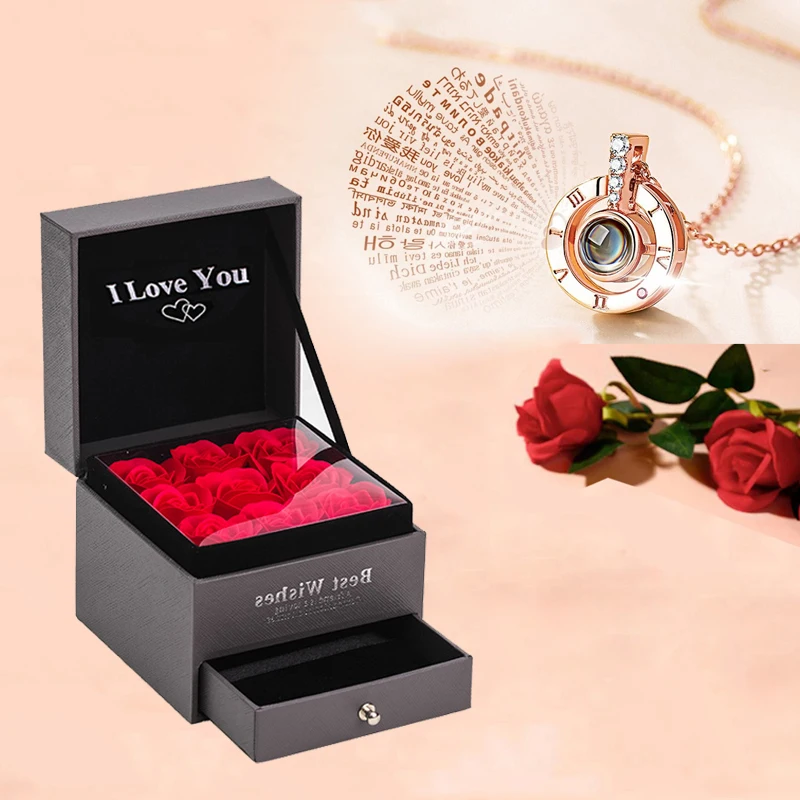 Projection Necklace With Roses Gift Box 100 Language I Love You Pendant Jewelry For Girlfriend Gifts 2023 Romantic Accessories