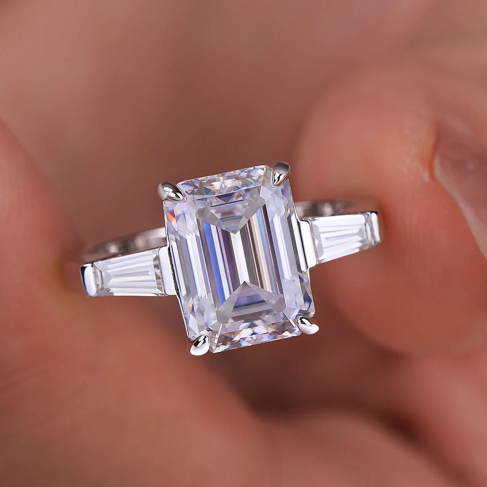 8*11mm 4.5CT Emerald Cut Full Moissanite Engagement Ring for Women 925 Sterling Silver Baguette Three Stone Wedding Band Jewelry