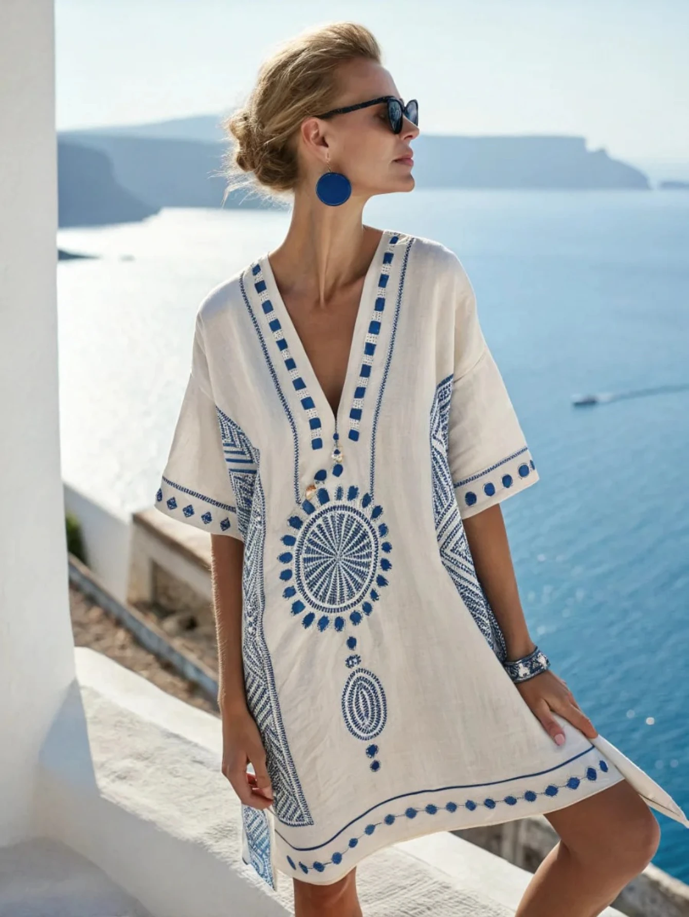 

V Neck Boho Holiday Tunics With Sleeve Beach Capes Swimsuit Dress Short 2026 Pareo Playa Bath Exits Bathing Suit Cover Ups New