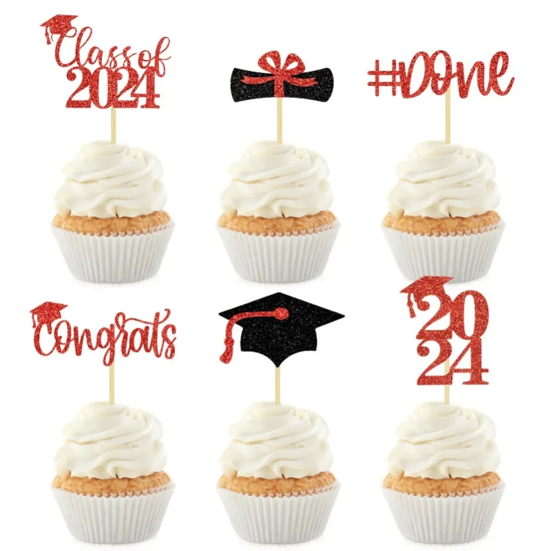 Accesorios para pastel de celebración de la temporada de graduación, 12 piezas, tapa de inserción, decoración para cupcakes, adornos para fiestas, 2024 tarjetas, púas de papel