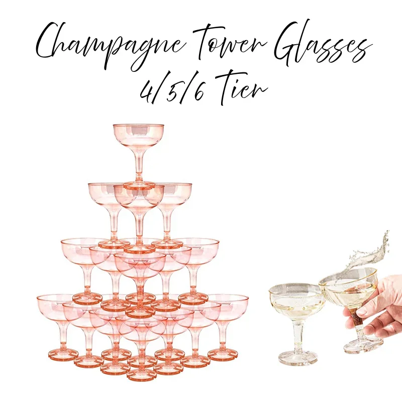 6-Tier Acrylic Champagne Tower Wedding Party Glasses 5 Oz Plastic Coupe Martini Flutes Coupe Glasses for Catering And Special Ev