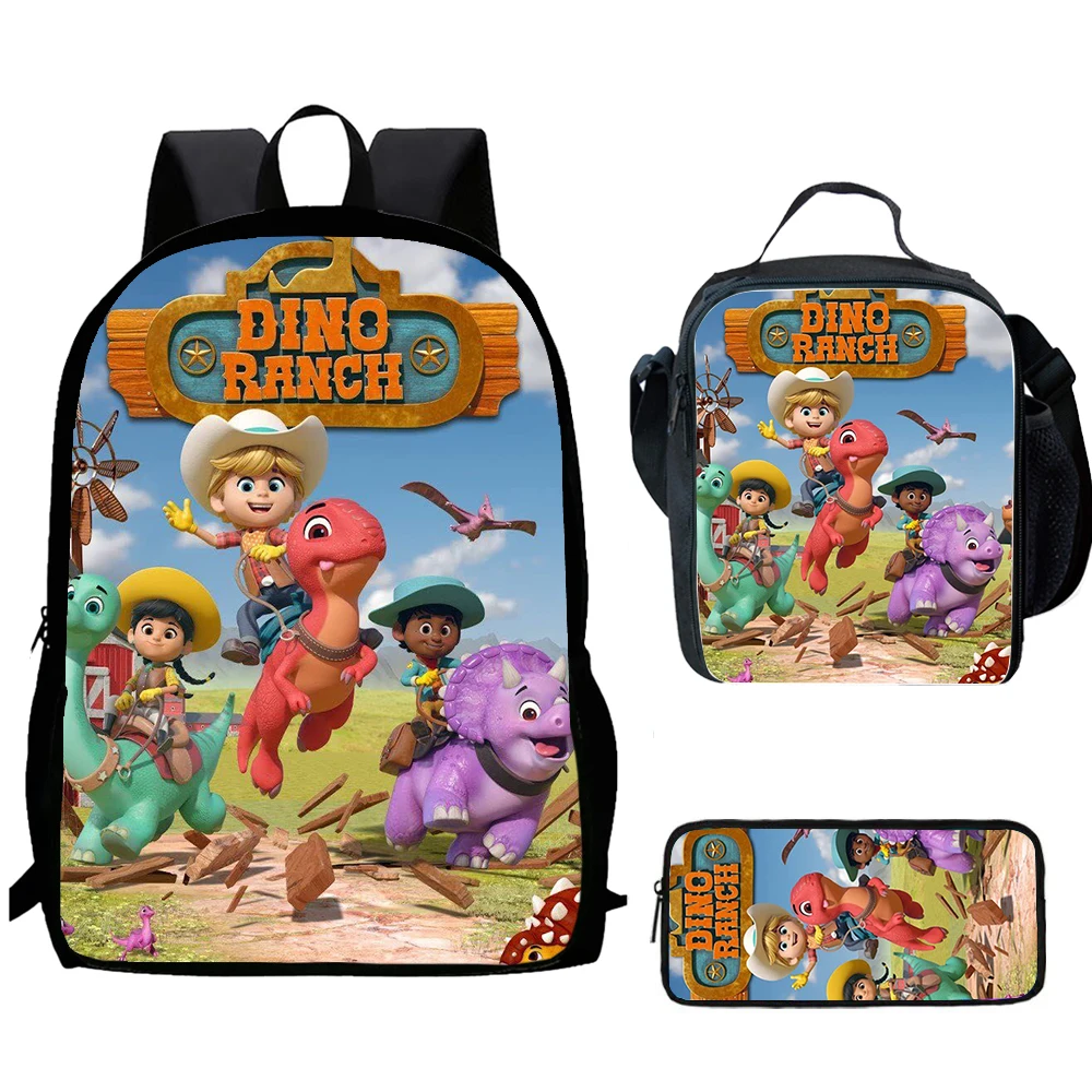 D-Dino Ranch Cartoon 3 pcs set Child School Backpack with Lunch Bags ,Pencil Bags  School Bags for Boys Girls Best Gift
