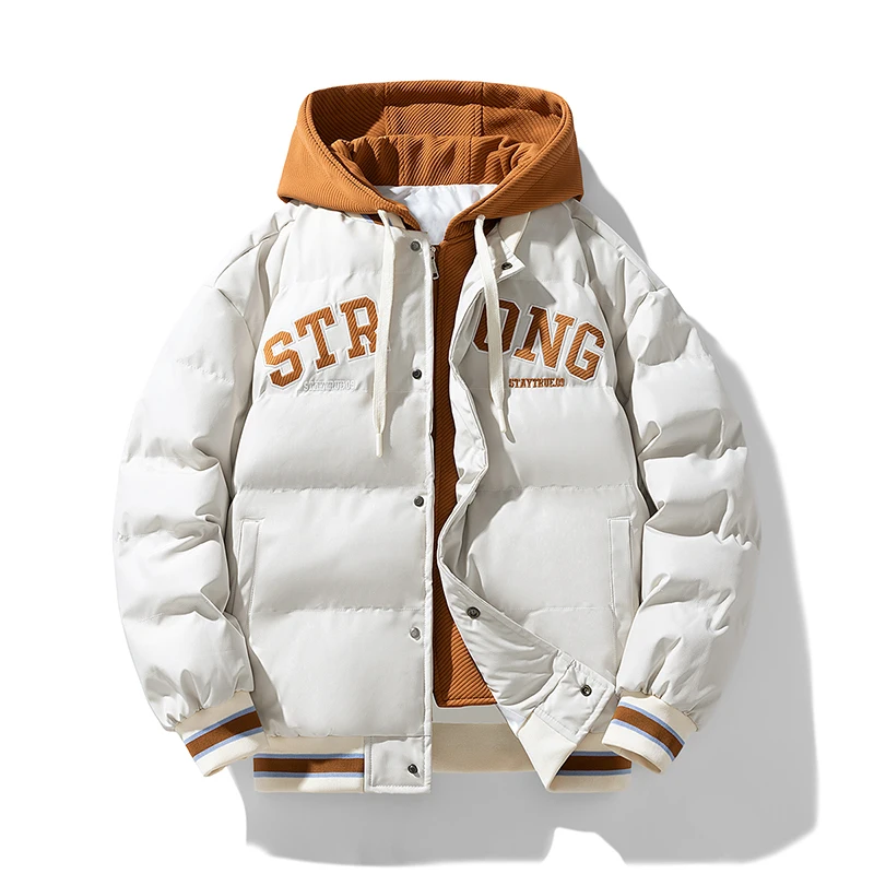 Winter Fake 2 Jacket Men's Harajuku Hip Hop Letter Thick Warm Baseball Hooded Parka Women's 2024 Snow Down Cotton Padded Jacket