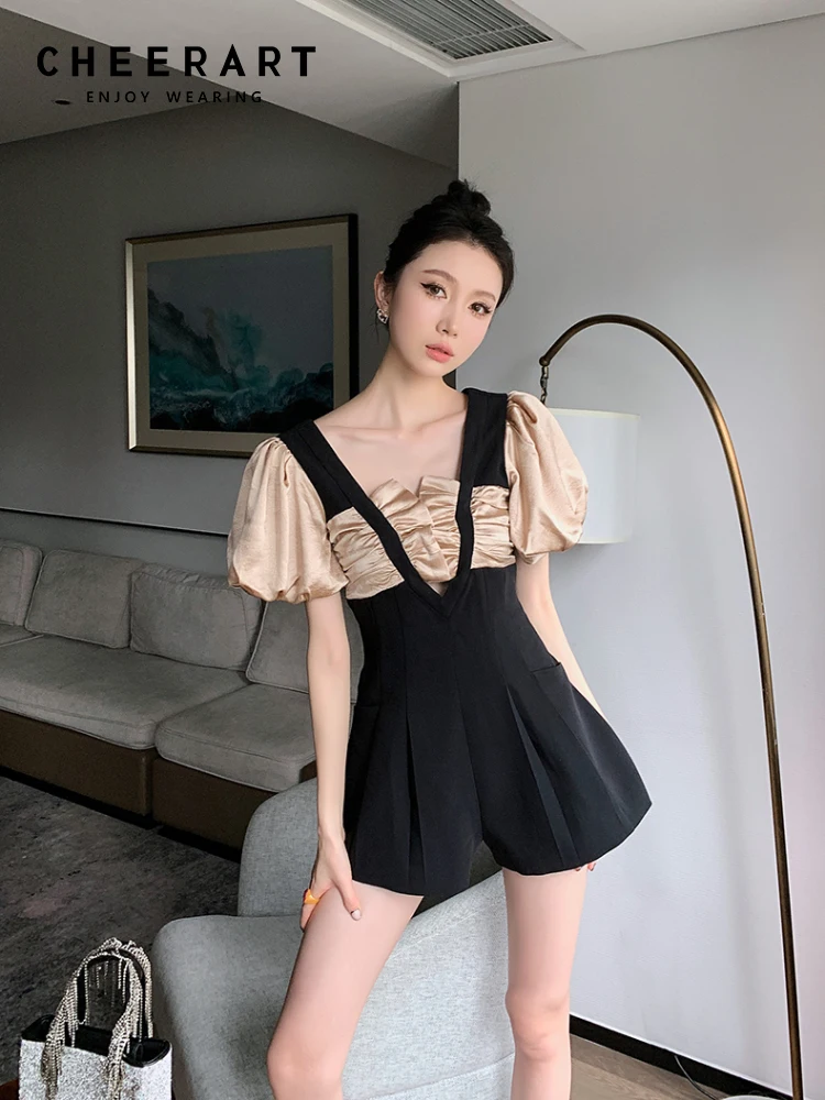 

CHEERART Puff Sleeve Patchwork Black Bodysuit Romper For Women Designer Playsuit Summer Overalls High Fashion Clothing