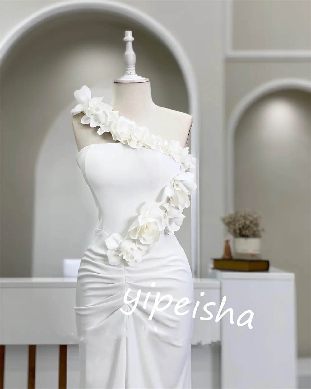 Customized Jersey Flower Wedding Party Trumpet One-shoulder Bespoke Occasion Gown Long Dresses