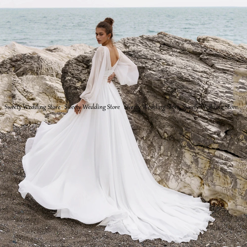 Jiayigong 2022 Beach Wedding Dress for Women Long Sleeves V Neck Lace Pleat High Slit Sexy Bride Dresses Chiffon Bridal Gown