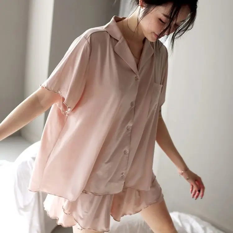 

Pajama Sets Women's Summer Short Sleeve Thin Pink Korean Style Girls' Home Clothing 2-piece Set New Products Two Pieces Elegant