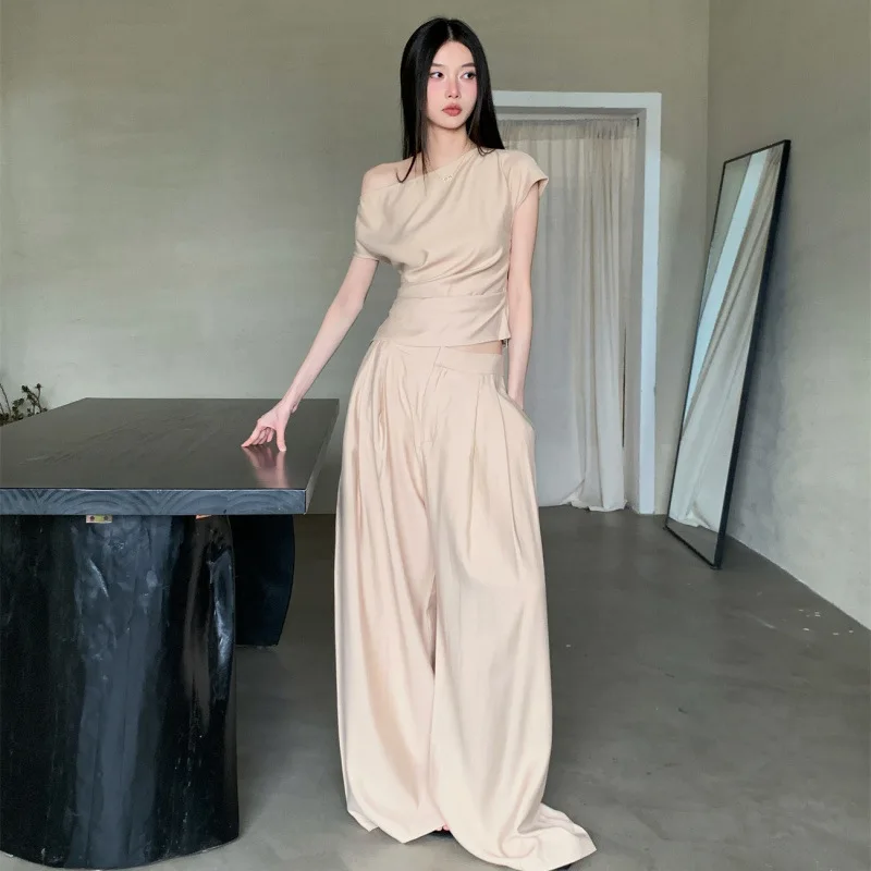 

Women Long Pants Suit Beige Oblique Collar Off-the-shoulder Short Top Blouse High-waist Casual Floor-length Wide-leg Pant summer