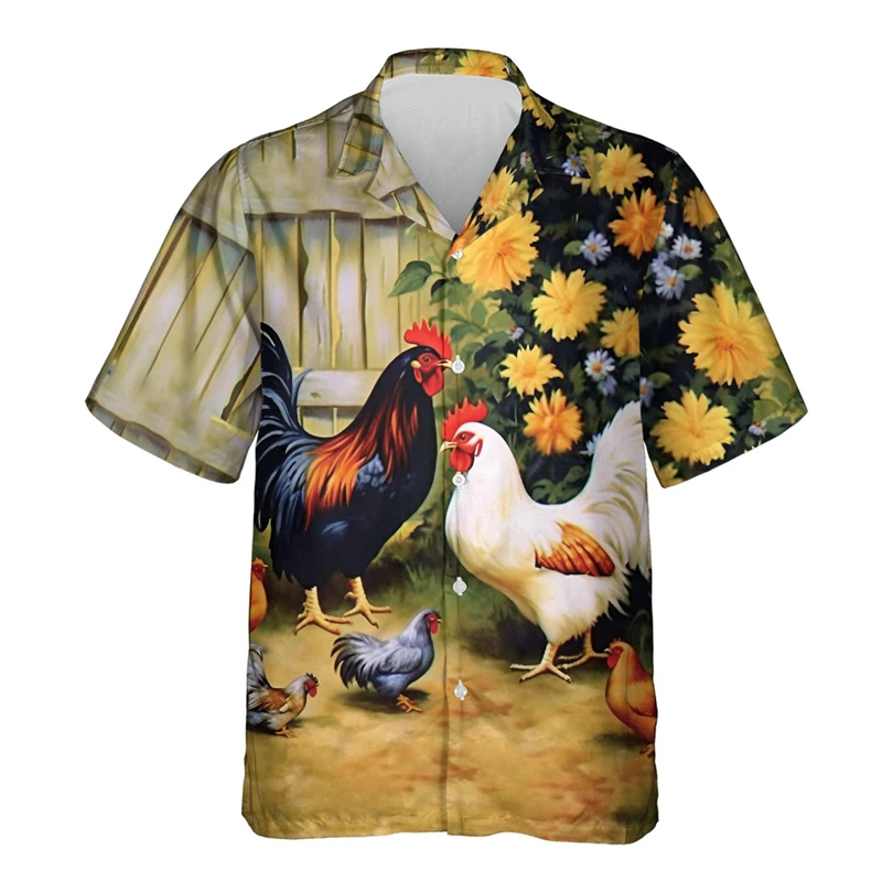 Chicken Hawaiian Shirts For Men Clothes Poultry Casual Button Down Short Sleeve Shirt Great Rooster Lapel Blouse Man Streetwear