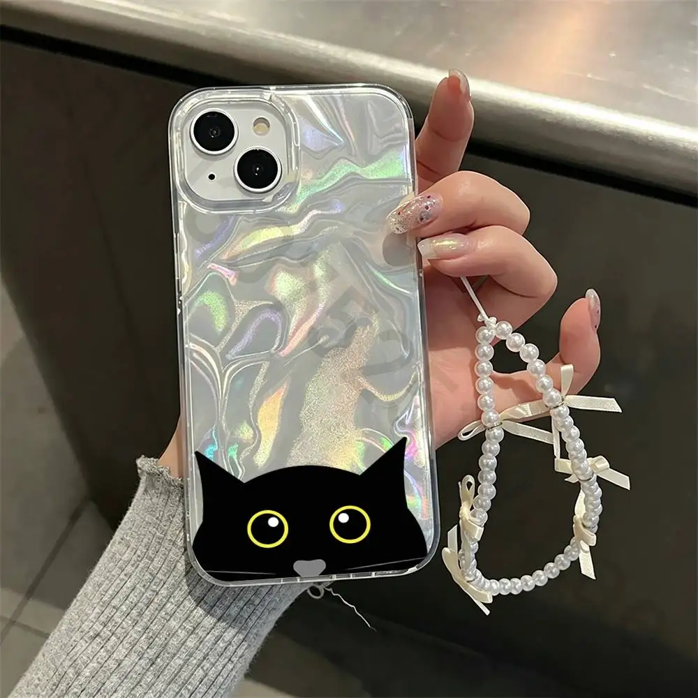 

cat Phone Case For iPhone 17 16 15 13 14 Pro Max 11 12 Plus Luxury Laser Silver Gradient Silicone Cover