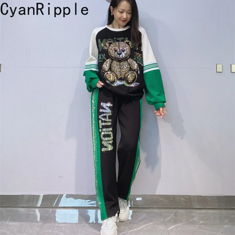 2026 New Autumn Colorblock Space Cotton Hoodie Set Cartoon Hot Diamonds Long Sleeve Pullover Top + Elastic Waist Straight Pants