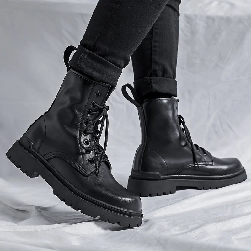 

men's fashion soft leather boots black tide platform shoes party nightclub wear high top boot handsome cowboy botas hombre male