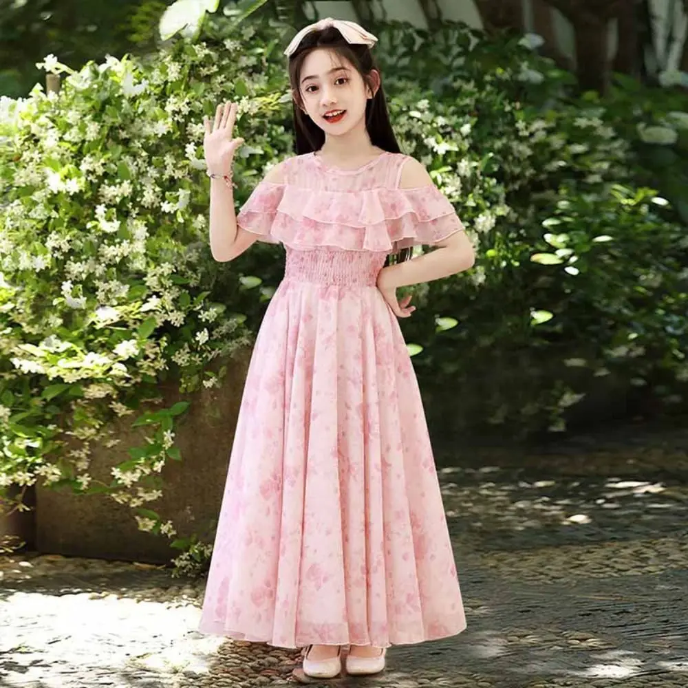 Loose Girls Chiffon Floral Dress Pleated Party Summer Kids Dresses Teenagers Beach Vacation Children Princess Dress Students