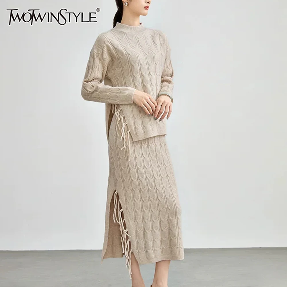 TWOTWINSTYLE Solid Two Piece Sets For Women Round Neck Long Sleeve Tops High Waist Skirts Spliced Tassels Chic Set Female New