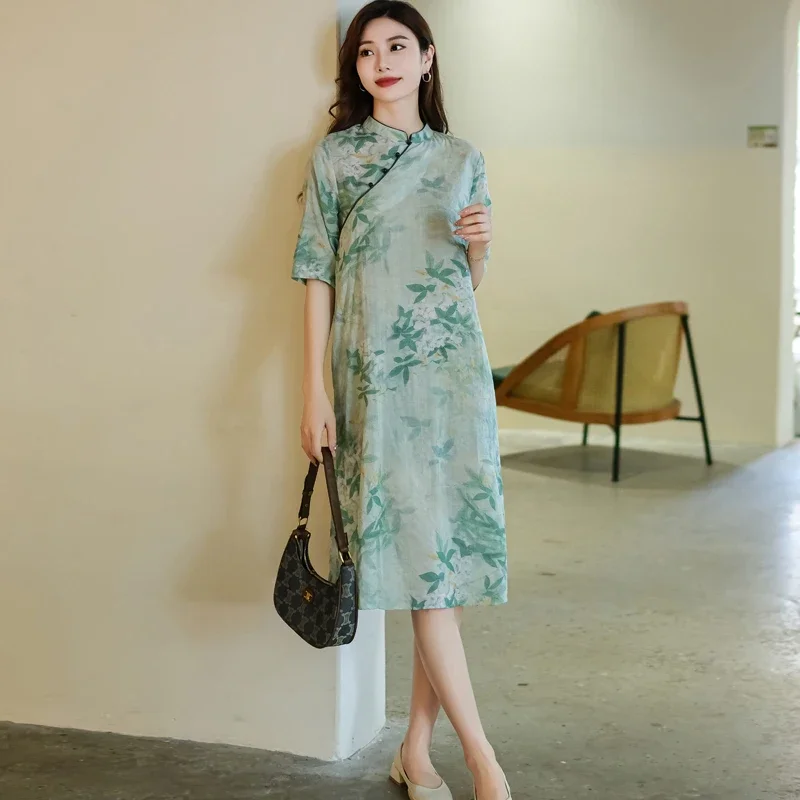 Chinese Style Bamboo Leaves Printed  Improved Green Cheongsam Dresses for Women  Retro Slanted Breasted Loose Causal Midi Dress