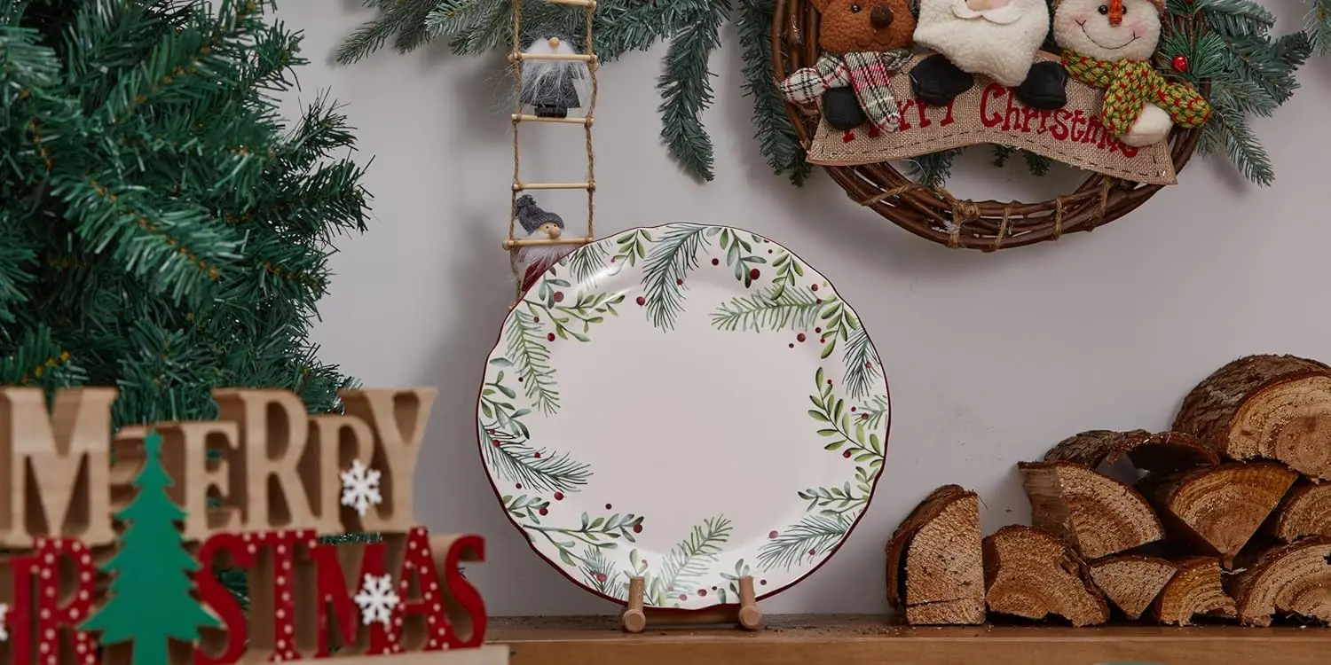 مجموعة أطباق عشاء سانتا أون ذا واي إكليل صدفي مكونة من 4 قطع، أطباق سيراميك كبيرة مقاس 11 بوصة للمعكرونة وشرائح اللحم وأطباق تقديم أنيقة،