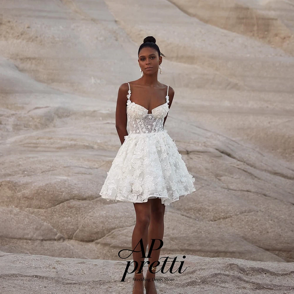 AP pretti Luxury Lace Wedding Dresses Sweetheart Customized Spaghetti Strap Mini-Length Bridal Gown A-line Vestidos Novias Boda