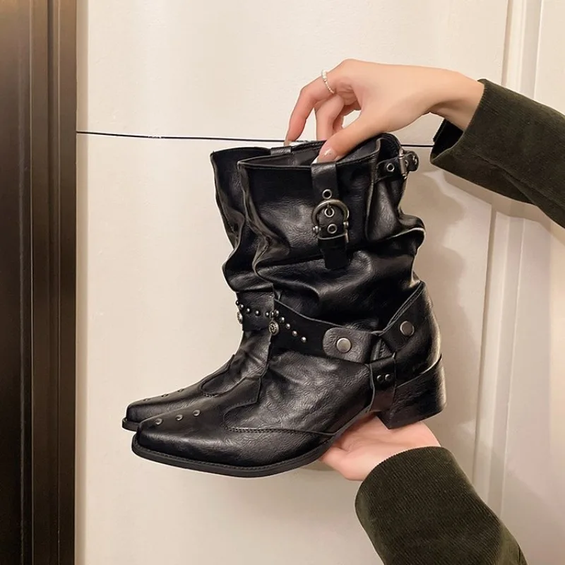 Women Black Studded Pointed Toe Knee High Boots Punk Rock Chunky Heel Over The Knee Boots Y2K Streetwear Fashion Shoes Lady